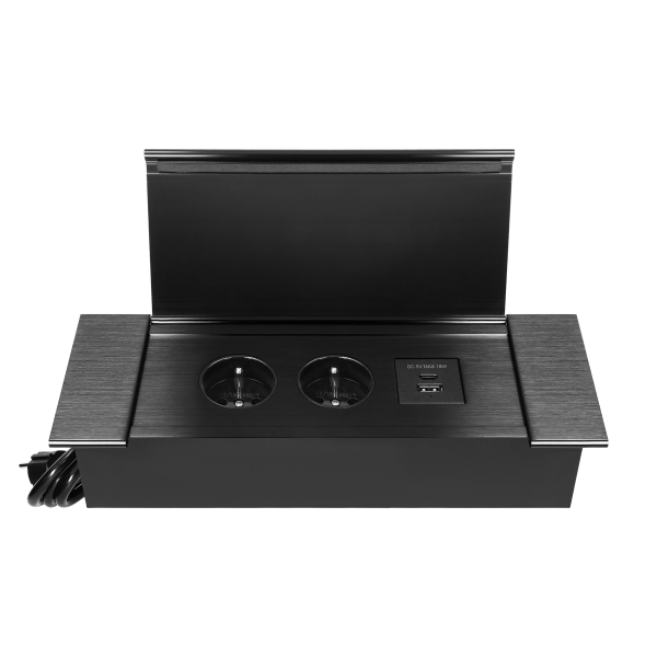 Recessed furniture socket with flat milled edge, tiltable cover, USB charger and 1.5 m cable, 2x2P+E (French), 2xUSB (type A+C; 3,6A), black