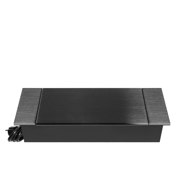 Recessed furniture socket with flat milled edge, tiltable cover, USB charger and 1.5 m cable, 2x2P+E (French), 2xUSB (type A+C; 3,6A), black