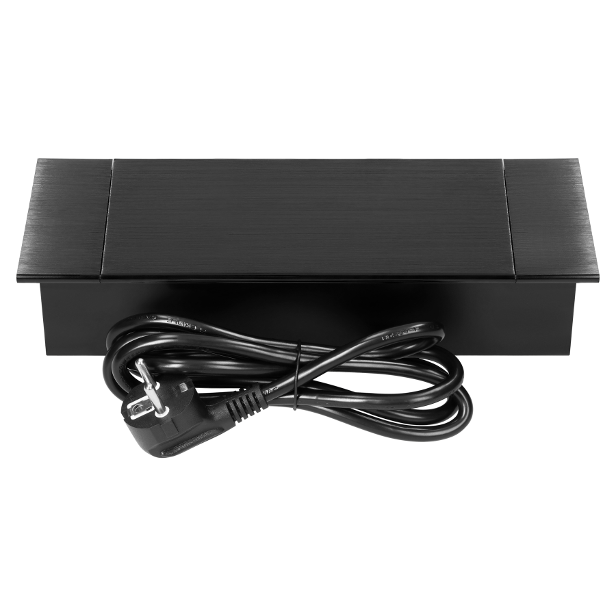 Recessed furniture socket with flat milled edge, tiltable cover, USB charger and 1.5 m cable, 2x2P+E (French), 2xUSB (type A+C; 3,6A), black