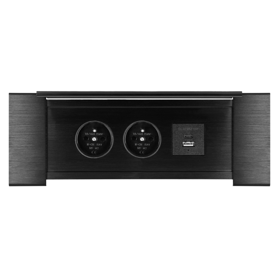 Recessed furniture socket with flat milled edge, tiltable cover, USB charger and 1.5 m cable, 2x2P+E (French), 2xUSB (type A+C; 3,6A), black