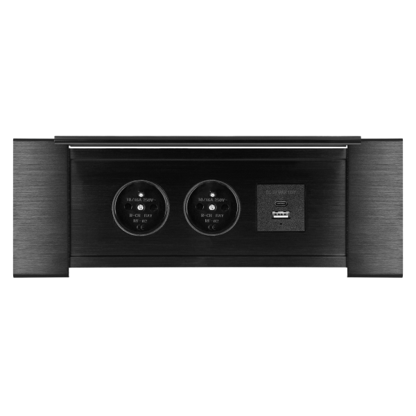 Recessed furniture socket with flat milled edge, tiltable cover, USB charger and 1.5 m cable, 2x2P+E (French), 2xUSB (type A+C; 3,6A), black