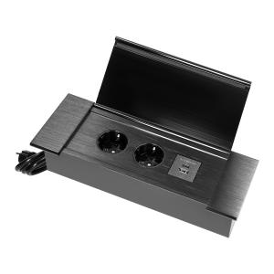 Gniazdo meblowe wpuszczane w blat z płaskim frezowanym rantem, uchylną klapką, ładowarką USB i przewodem 1,5m, 2x2P+Z (Schuko), 2xUSB (typ A+C; 3,6A), czarne