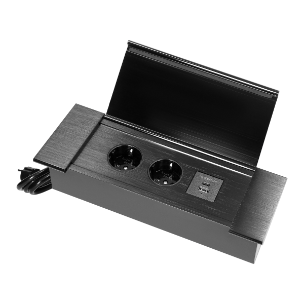 Gniazdo meblowe wpuszczane w blat z płaskim frezowanym rantem, uchylną klapką, ładowarką USB i przewodem 1,5m, 2x2P+Z (Schuko), 2xUSB (typ A+C; 3,6A), czarne