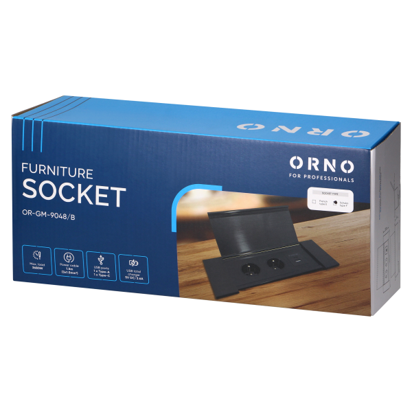 Recessed furniture socket with flat milled edge, tiltable cover, USB charger and 1.5 m cable, 2x2P+E (Schuko), 2xUSB (type A+C; 3,6A), black