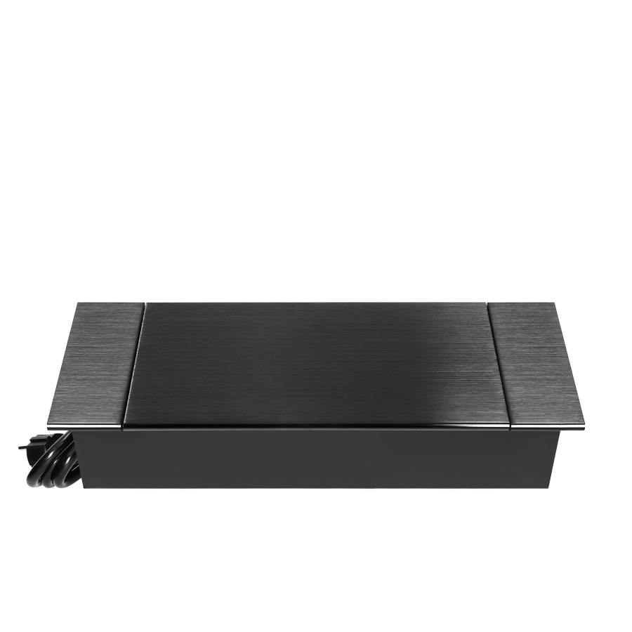 Recessed furniture socket with flat milled edge, tiltable cover, USB charger and 1.5 m cable, 2x2P+E (Schuko), 2xUSB (type A+C; 3,6A), black