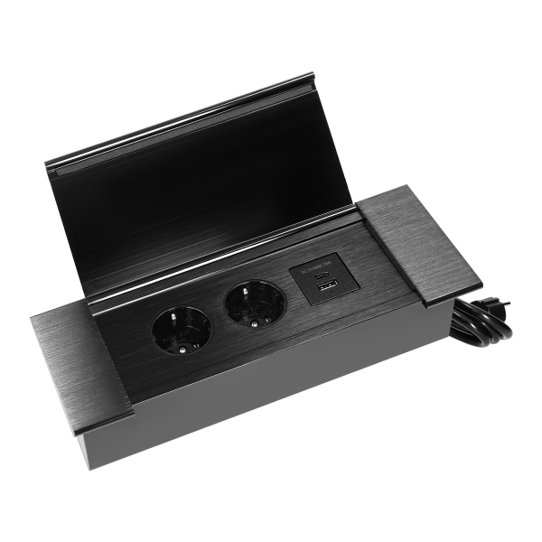 Gniazdo meblowe wpuszczane w blat z płaskim frezowanym rantem, uchylną klapką, ładowarką USB i przewodem 1,5m, 2x2P+Z (Schuko), 2xUSB (typ A+C; 3,6A), czarne