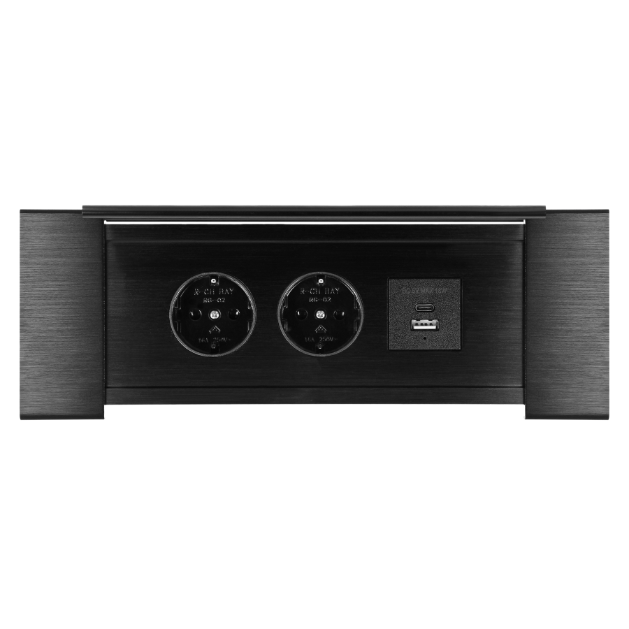 Recessed furniture socket with flat milled edge, tiltable cover, USB charger and 1.5 m cable, 2x2P+E (Schuko), 2xUSB (type A+C; 3,6A), black