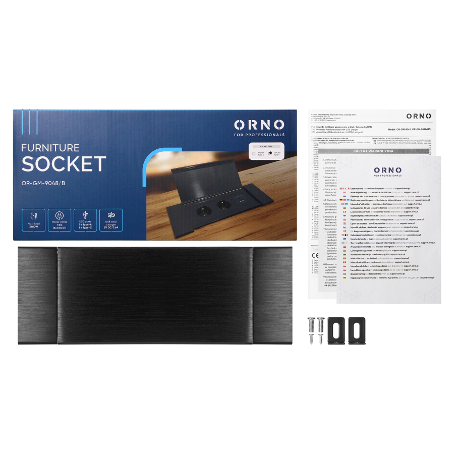 Recessed furniture socket with flat milled edge, tiltable cover, USB charger and 1.5 m cable, 2x2P+E (Schuko), 2xUSB (type A+C; 3,6A), black