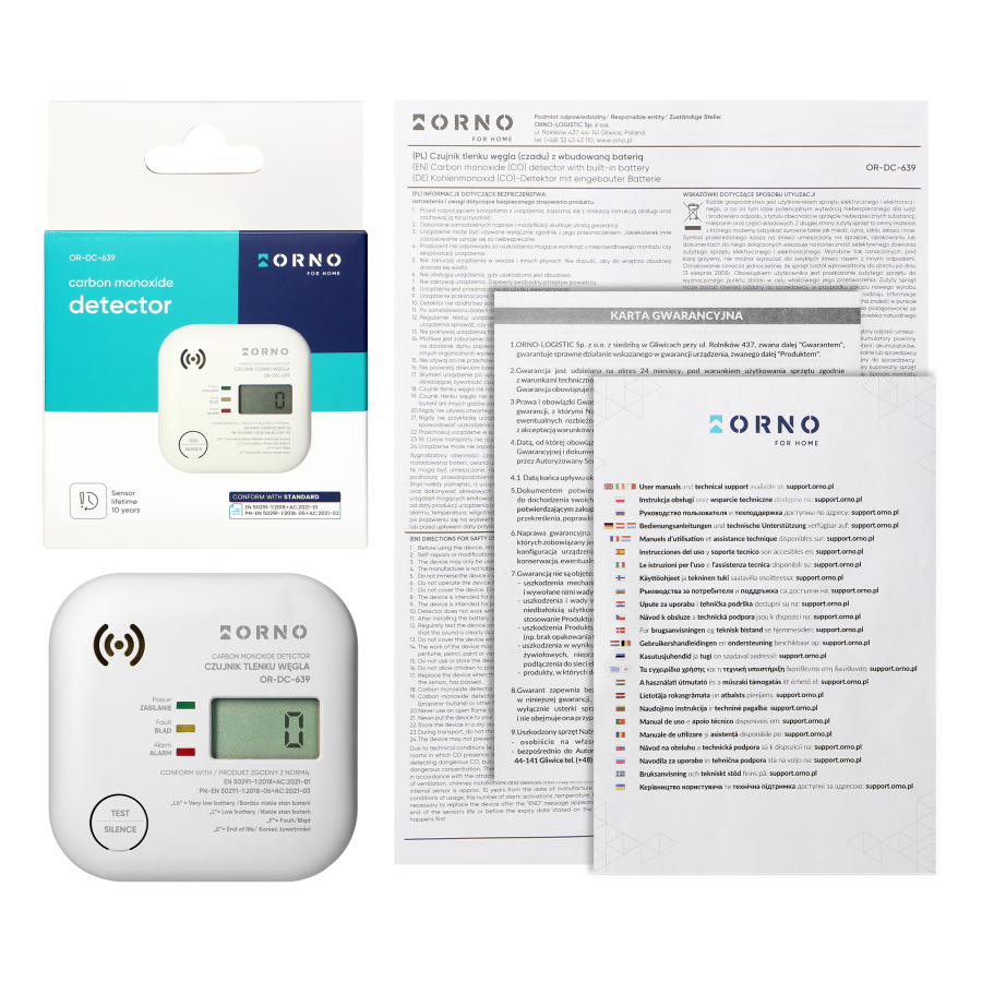 Battery-powered carbon monoxide detector, built-in battery, sensor and battery lifetime 10 years