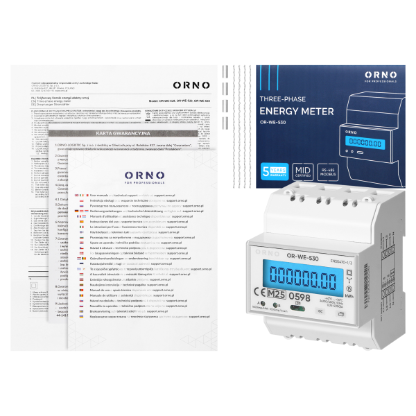 3-phase energy meter, 100A, RS-485 port, MID, 4 modules, multi-tariff, installation rail: DIN TH-35mm, PV-Ready