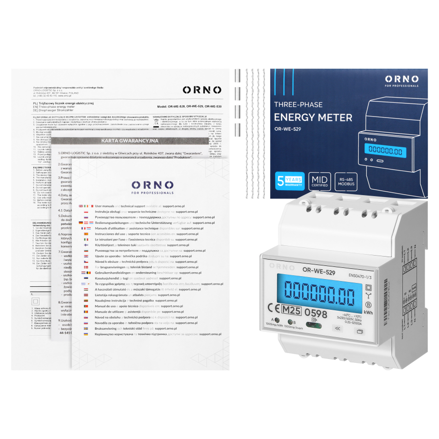 3-fazowy licznik energii elektrycznej, 100A, port RS-485, MID, 4 moduły, DIN TH-35mm, PV-Ready