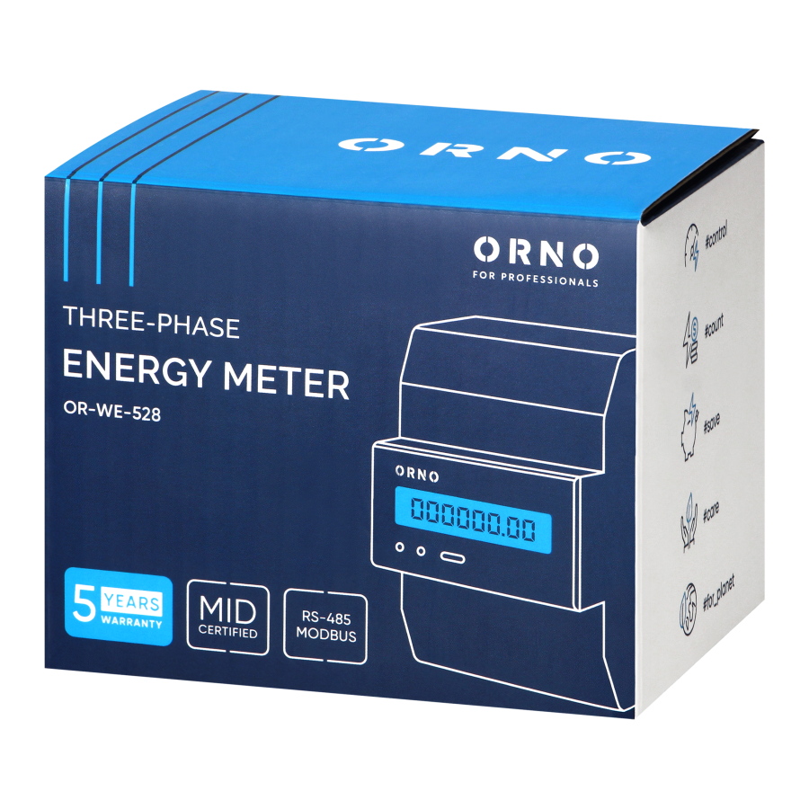 3-phase energy meter, 100A, MID, 4 modules, installation rail: DIN TH-35mm