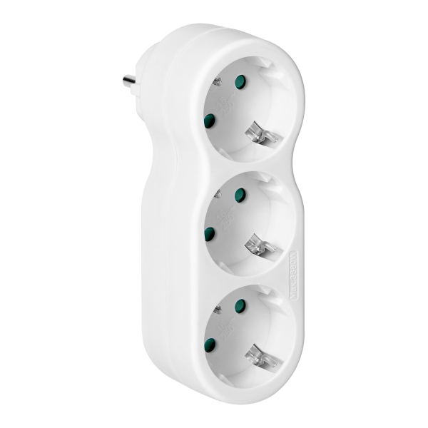 Rounded socket splitter 3x2P+E with plug on top, Schuko, white