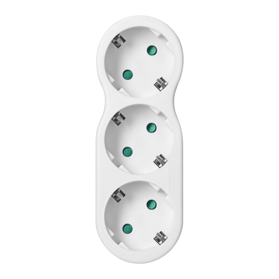 Rounded socket splitter 3x2P+E with plug on top, Schuko, white