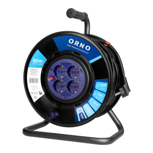 Cable reel, 4x 2P+E Schuko sockets, PVC, H05VV-F 3x1.5mm² - 50m, fixed sockets, anti-twist system, overload protection