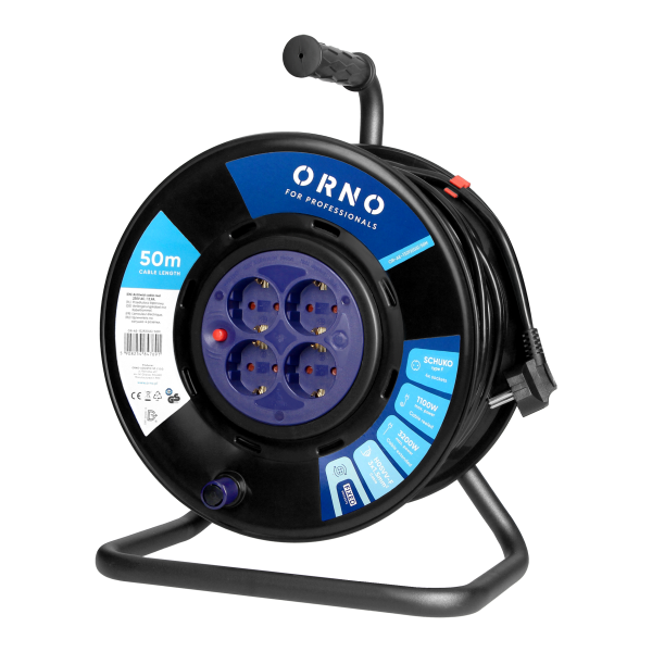 Przedłużacz bębnowy, 4 gniazda 2P+Z Schuko, kabel PVC H05VV-F 3x1,5mm2, długość - 50m, STAŁE GNIAZDA, termik, przesłony torów prądowych