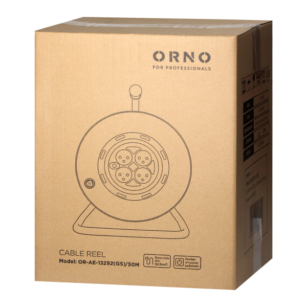 Przedłużacz bębnowy, 4 gniazda 2P+Z Schuko, kabel PVC H05VV-F 3x1,5mm2, długość - 50m, STAŁE GNIAZDA, termik, przesłony torów prądowych