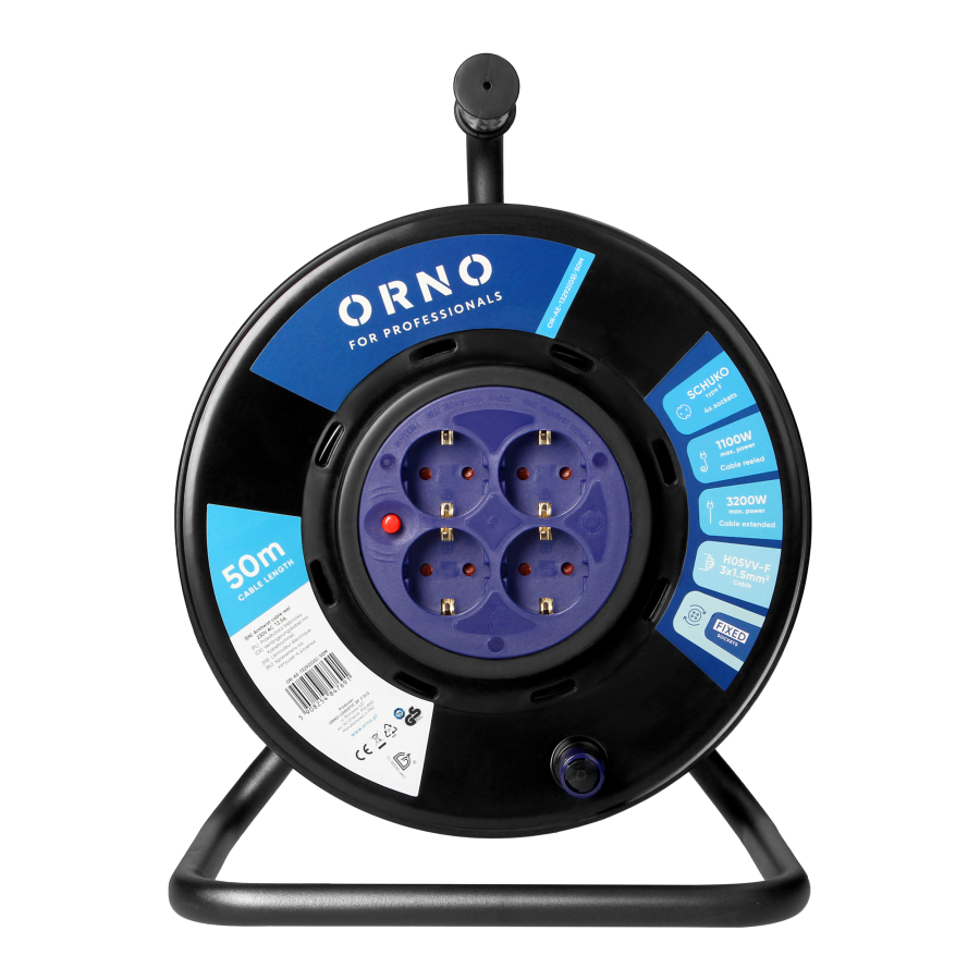 Przedłużacz bębnowy, 4 gniazda 2P+Z Schuko, kabel PVC H05VV-F 3x1,5mm2, długość - 50m, STAŁE GNIAZDA, termik, przesłony torów prądowych