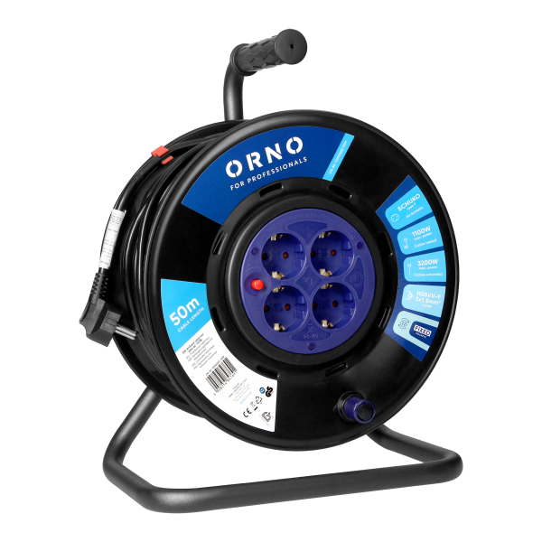 Przedłużacz bębnowy, 4 gniazda 2P+Z Schuko, kabel PVC H05VV-F 3x1,5mm2, długość - 50m, STAŁE GNIAZDA, termik, przesłony torów prądowych