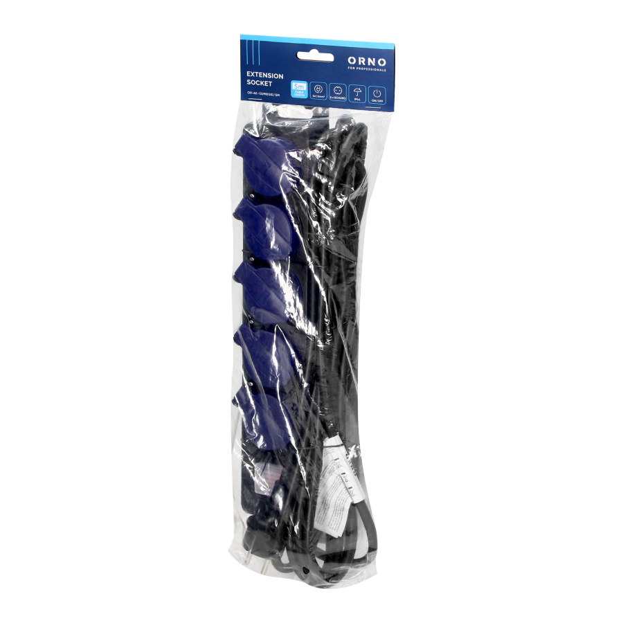 Heavy-duty, splash-proof extension sockets with central switch, 5 Schuko sockets 2P+E, IP44, rubber cord, H05RR-F 3x1.5mm², 5m