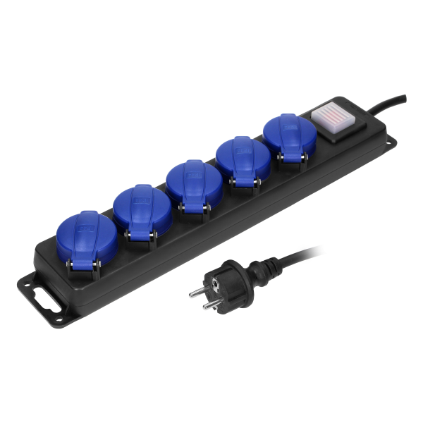 Przedłużacz warsztatowy bryzgoszczelny z wyłącznikiem, 5 gniazd 2P+Z, IP44, schuko przewód gumowy, H05RR-F 3x1,5mm2, długość 5m