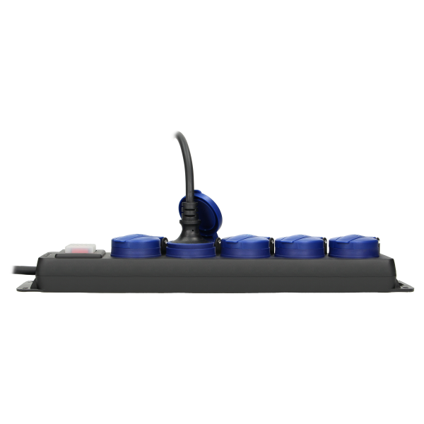 Heavy-duty, splash-proof extension sockets with central switch, 5 Schuko sockets 2P+E, IP44, rubber cord, H05RR-F 3x1.5mm², 5m