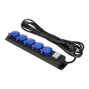 Heavy-duty, splash-proof extension sockets with central switch, 5 Schuko sockets 2P+E, IP44, rubber cord, H05RR-F 3x1.5mm², 3m
