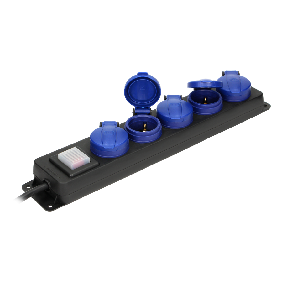 Przedłużacz warsztatowy bryzgoszczelny z wyłącznikiem, 5 gniazd 2P+Z, IP44, schuko przewód gumowy, H05RR-F 3x1,5mm2, długość 3m