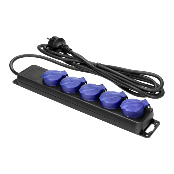 Heavy-duty, splash-proof extension sockets, 5 Schuko sockets 2P+E, IP44, rubber cord, H05RR-F 3x1.5mm², 5m