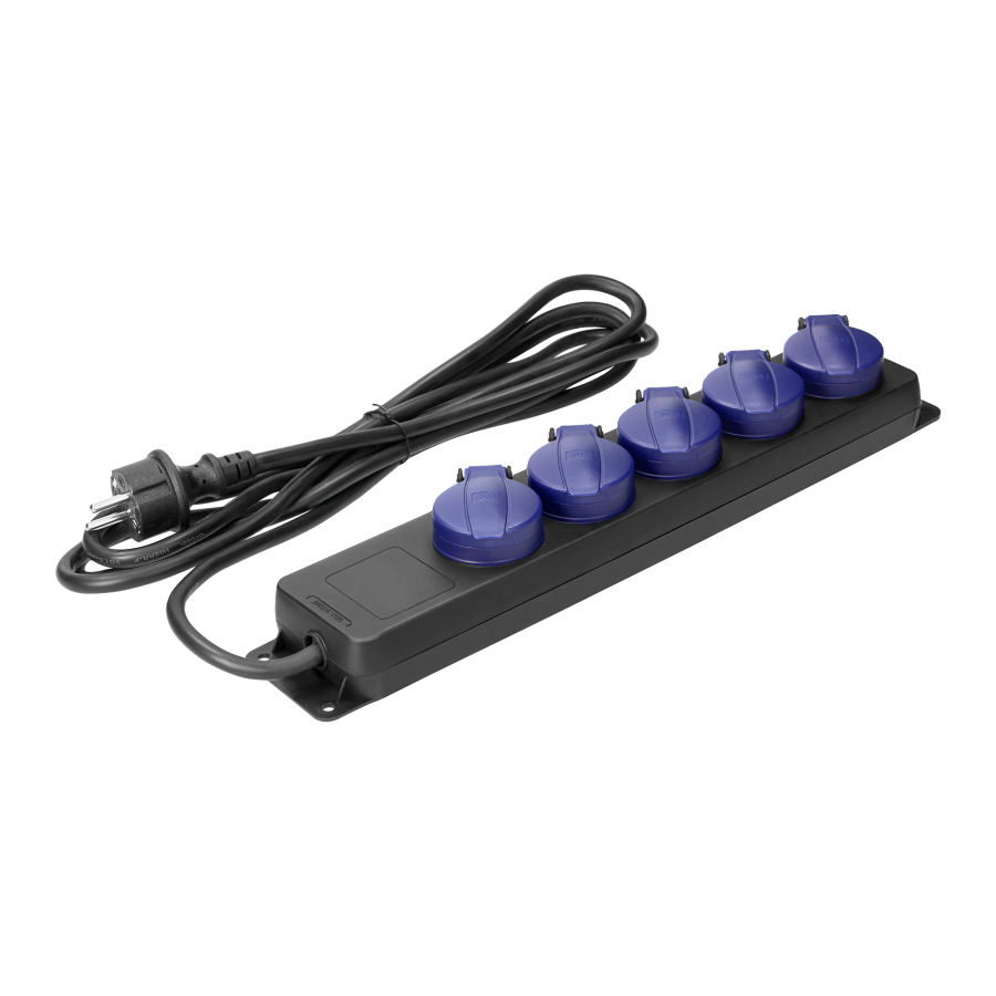 Heavy-duty, splash-proof extension sockets, 5 Schuko sockets 2P+E, IP44, rubber cord, H05RR-F 3x1.5mm², 5m