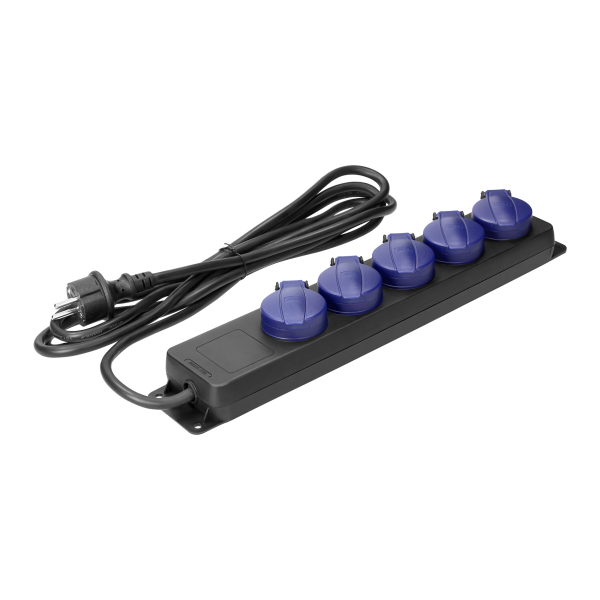 Heavy-duty, splash-proof extension sockets, 5 Schuko sockets 2P+E, IP44, rubber cord, H05RR-F 3x1.5mm², 5m