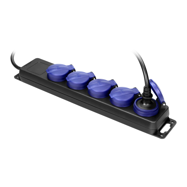 Heavy-duty, splash-proof extension sockets, 5 Schuko sockets 2P+E, IP44, rubber cord, H05RR-F 3x1.5mm², 5m