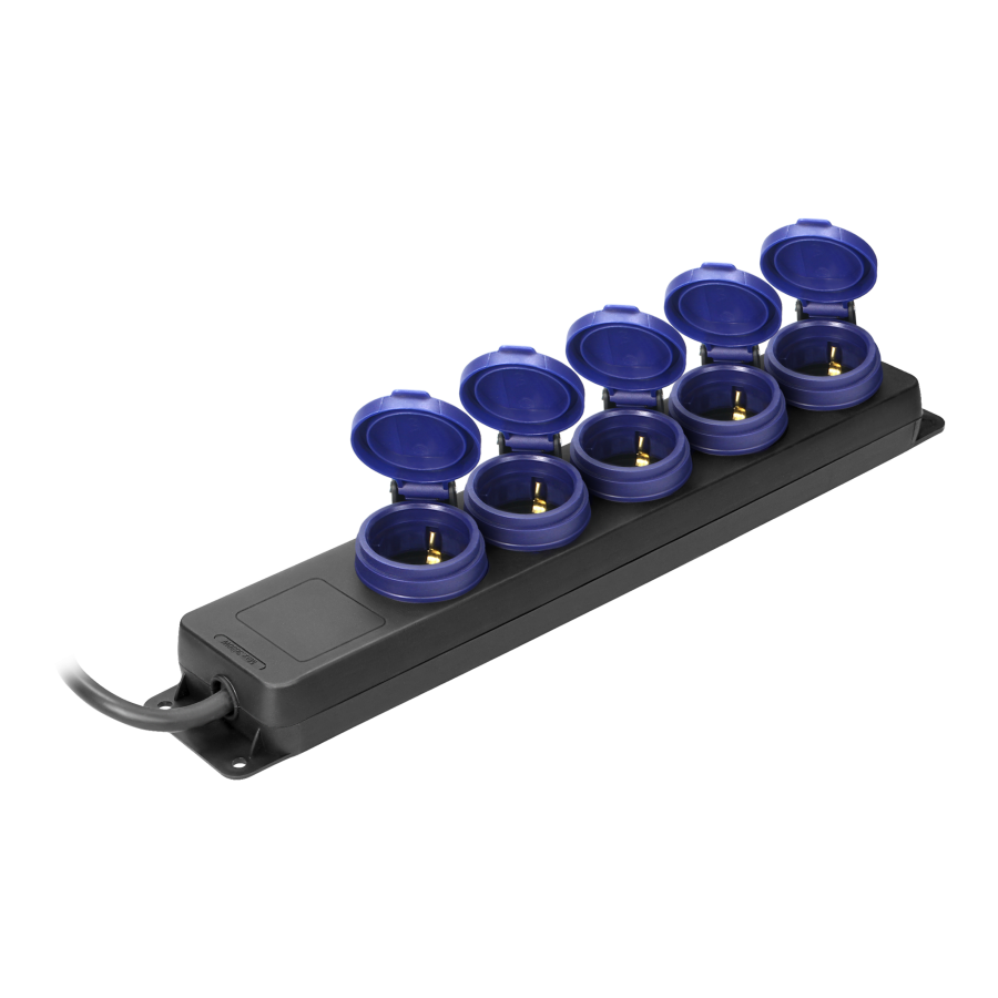 Heavy-duty, splash-proof extension sockets, 5 Schuko sockets 2P+E, IP44, rubber cord, H05RR-F 3x1.5mm², 5m