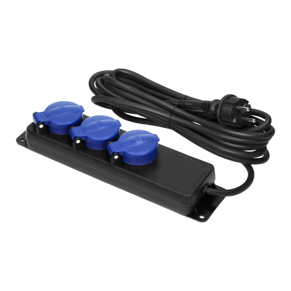 Heavy-duty, splash-proof extension sockets, 3 Schuko sockets 2P+E, IP44, rubber cord, H05RR-F 3x1.5mm², 5m