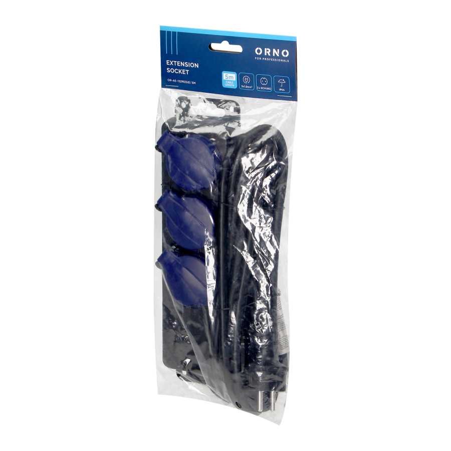 Heavy-duty, splash-proof extension sockets, 3 Schuko sockets 2P+E, IP44, rubber cord, H05RR-F 3x1.5mm², 5m