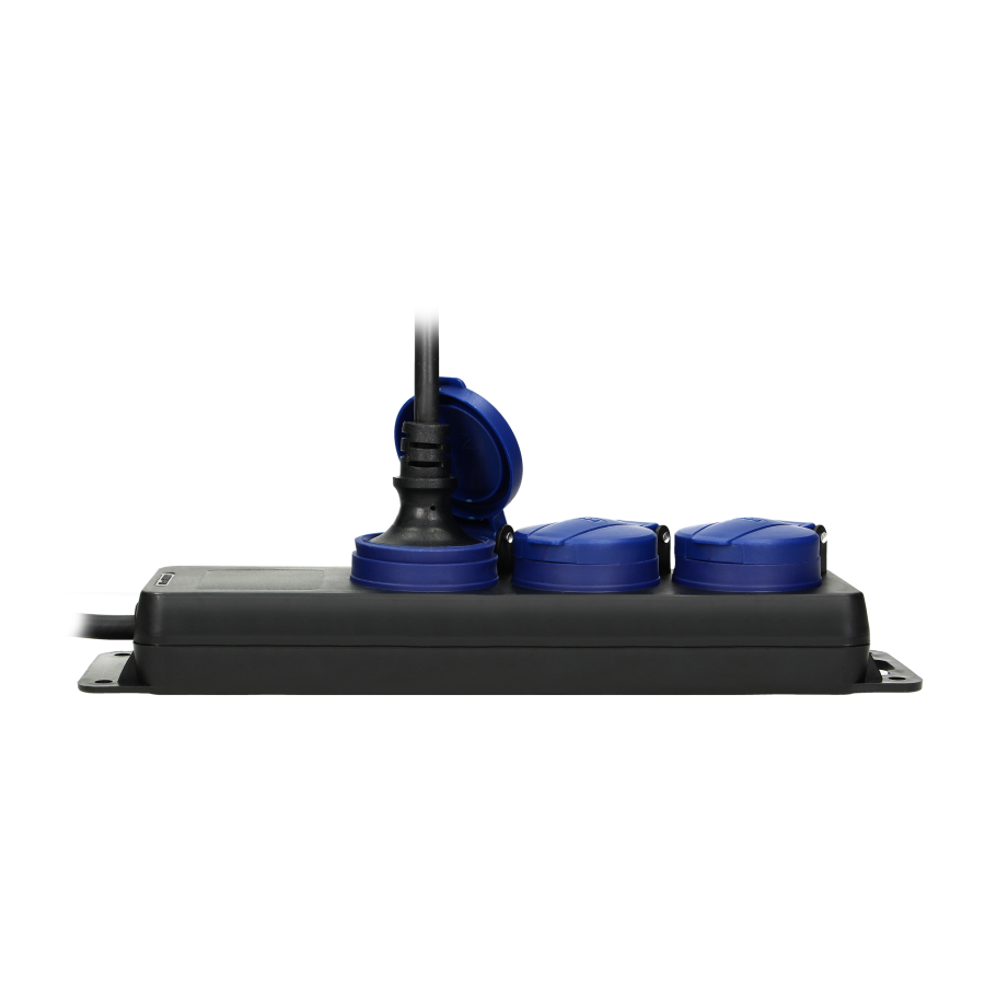 Heavy-duty, splash-proof extension sockets, 3 Schuko sockets 2P+E, IP44, rubber cord, H05RR-F 3x1.5mm², 5m