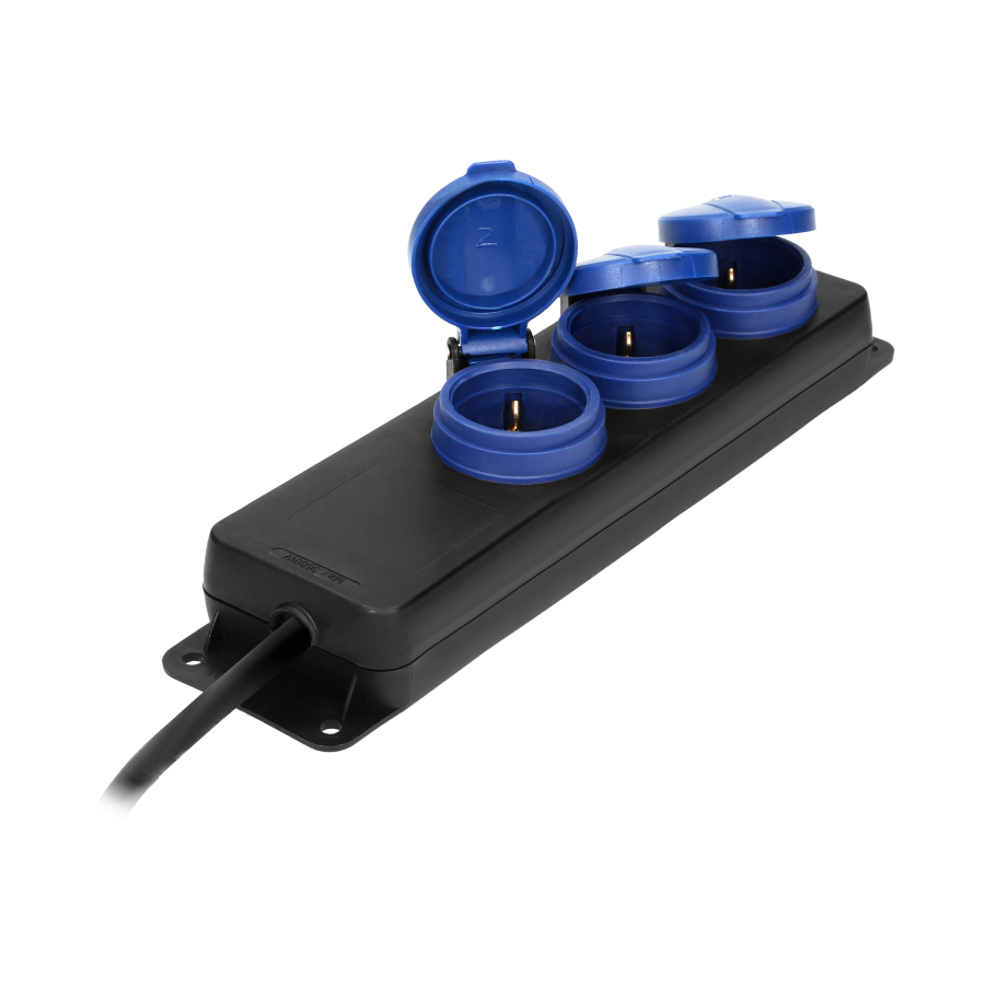 Heavy-duty, splash-proof extension sockets, 3 Schuko sockets 2P+E, IP44, rubber cord, H05RR-F 3x1.5mm², 5m