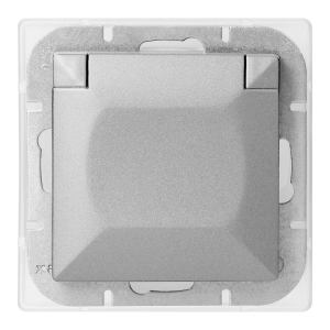 Gniazdo pojedyncze p/t 2P+Z bryzgoszczelne z klapką Pearl, 16A, 250V, PT-16PH, srebrny