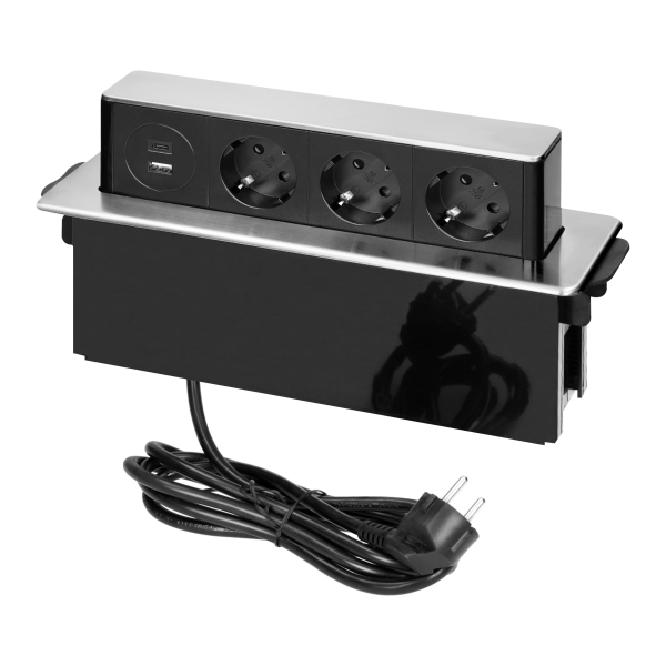 Recessed furniture socket with flat edge, USB charger, 2m cable, 3x2P+E (Schuko), 2xUSB (type A+C; PD20W), 3x1.5mm², INOX Recessed furniture socket with flat edge, USB charger, 2m cable, 3x2P+E (Schuko), 2xUSB (type A+C; PD20W), 3x1.5mm², INOX