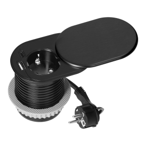Furniture socket with USB charger and sliding cover, 1.9m cable, 1x2P+E (Schuko), 2xUSB (type A+C; PD20W), black