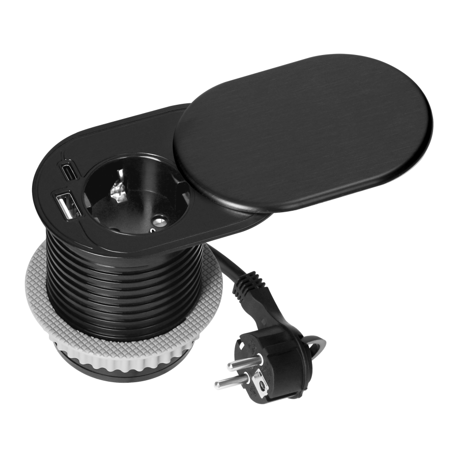 Furniture socket with USB charger and sliding cover, 1.9m cable, 1x2P+E (Schuko), 2xUSB (type A+C; PD20W), black