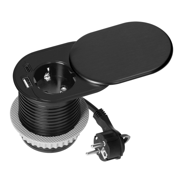 Gniazdo meblowe Ø6cm, wpuszczane w blat z przesuwną pokrywką, ładowarką USB i przewodem 1,9m, 1x2P+Z (French), 2xUSB (typ A+C; PD20W), czarne Gniazdo meblowe Ø6cm, wpuszczane w blat z przesuwną pokrywką, ładowarką USB i przewodem 1,9m, 1x2P+Z (French), 2xUSB (typ A+C; PD20W), czarne