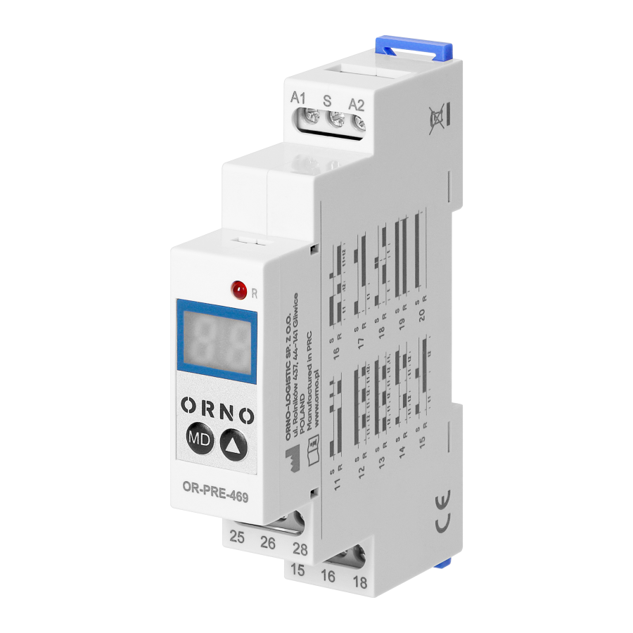 Digital time relay 1 module, multi-function, 0.1 s-99 days, 12-240 VAC, 16 A, 20 modes
