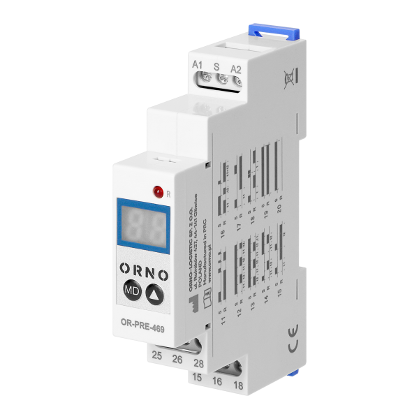 Cyfrowy przekaźnik czasowy 1 modułowy wielofunkcyjny, 0.1 s-99 dni, 12-240 VAC, 16 A, 20 trybów