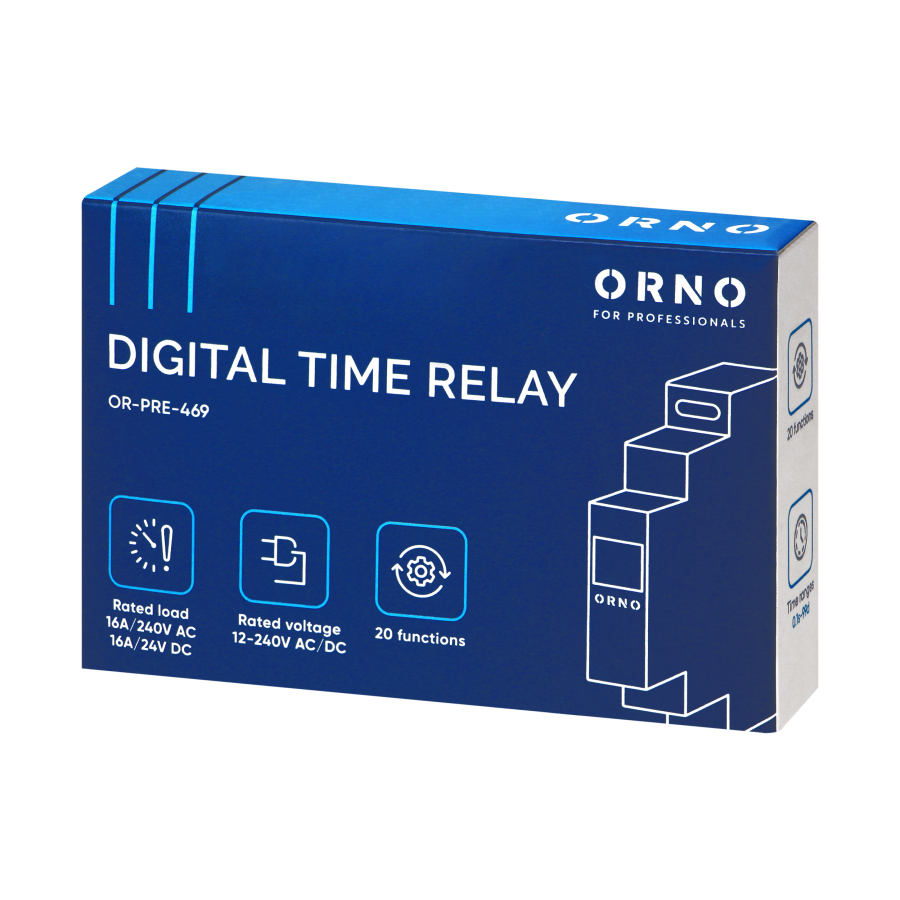 Digital time relay 1 module, multi-function, 0.1 s-99 days, 12-240 VAC, 16 A, 20 modes