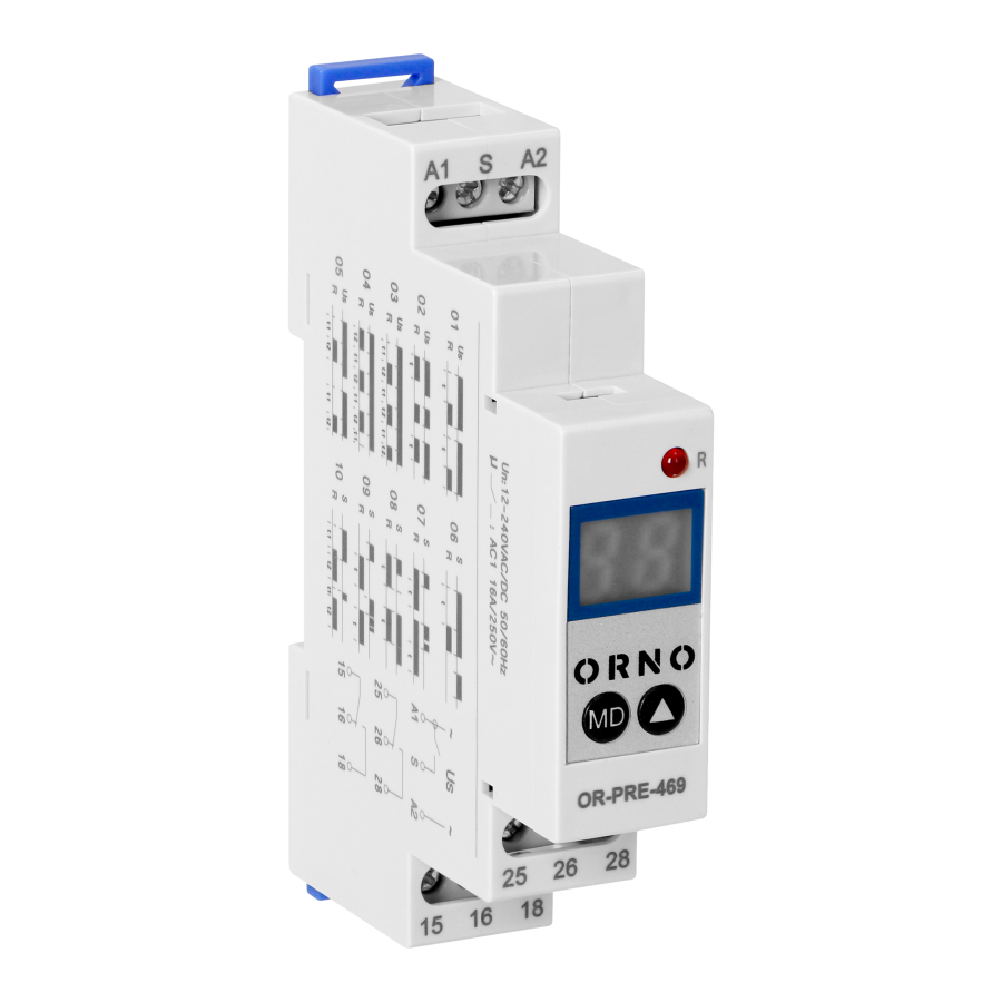 Cyfrowy przekaźnik czasowy 1 modułowy wielofunkcyjny, 0.1 s-99 dni, 12-240 VAC, 16 A, 20 trybów