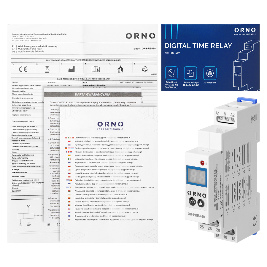Digital time relay 1 module, multi-function, 0.1 s-99 days, 12-240 VAC, 16 A, 20 modes