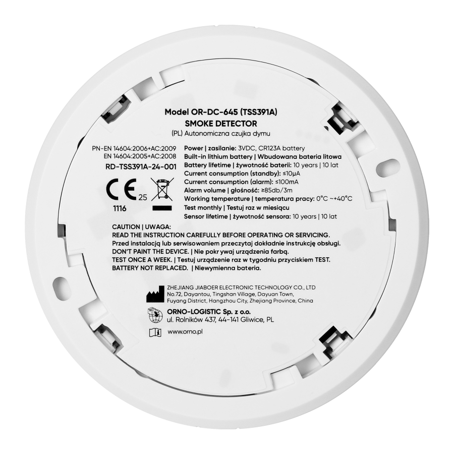 Battery-powered smoke detector, built-in battery, sensor and battery lifetime 10 years