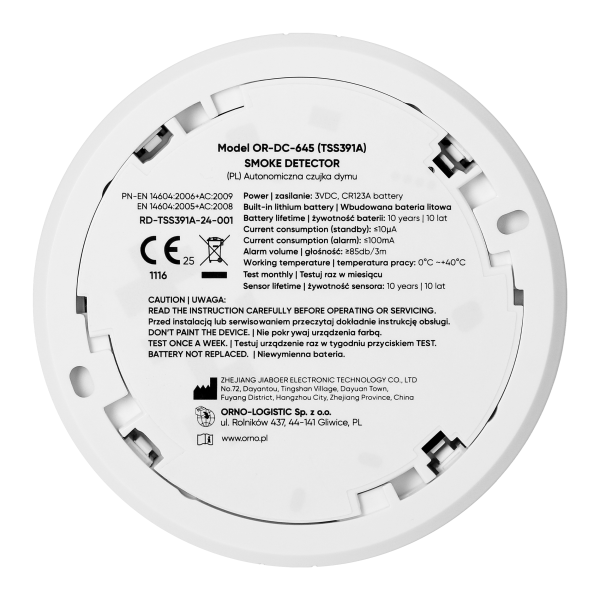 Battery-powered smoke detector, built-in battery, sensor and battery lifetime 10 years
