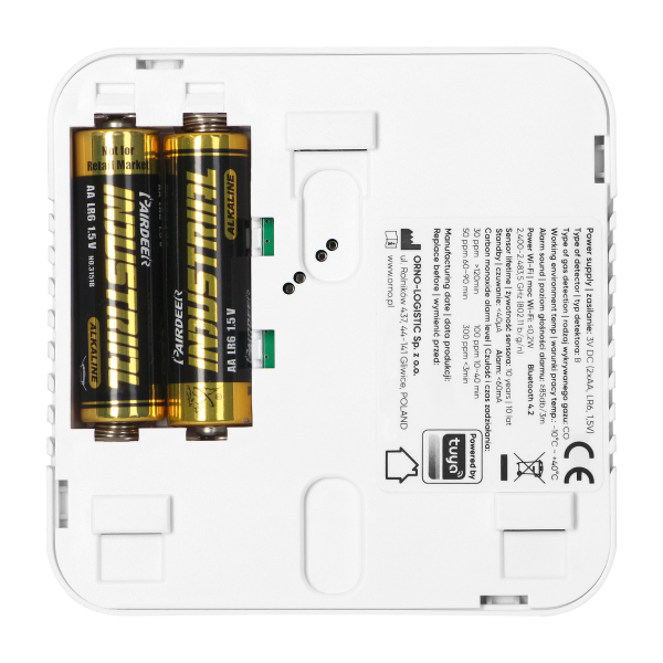 Battery-powered carbon monoxide detector, 2xAA, sensor lifetime 10 years, Tuya Smart Wi-Fi